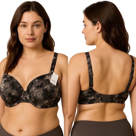 Le Mystere Safari Plunge T Shirt Bra Size 34DD Black Marble Print Underwire - Picture 2 of 9